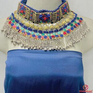 Handmade Silver Kuchi Necklace: Boho Choker With Multicolor Glass Stones